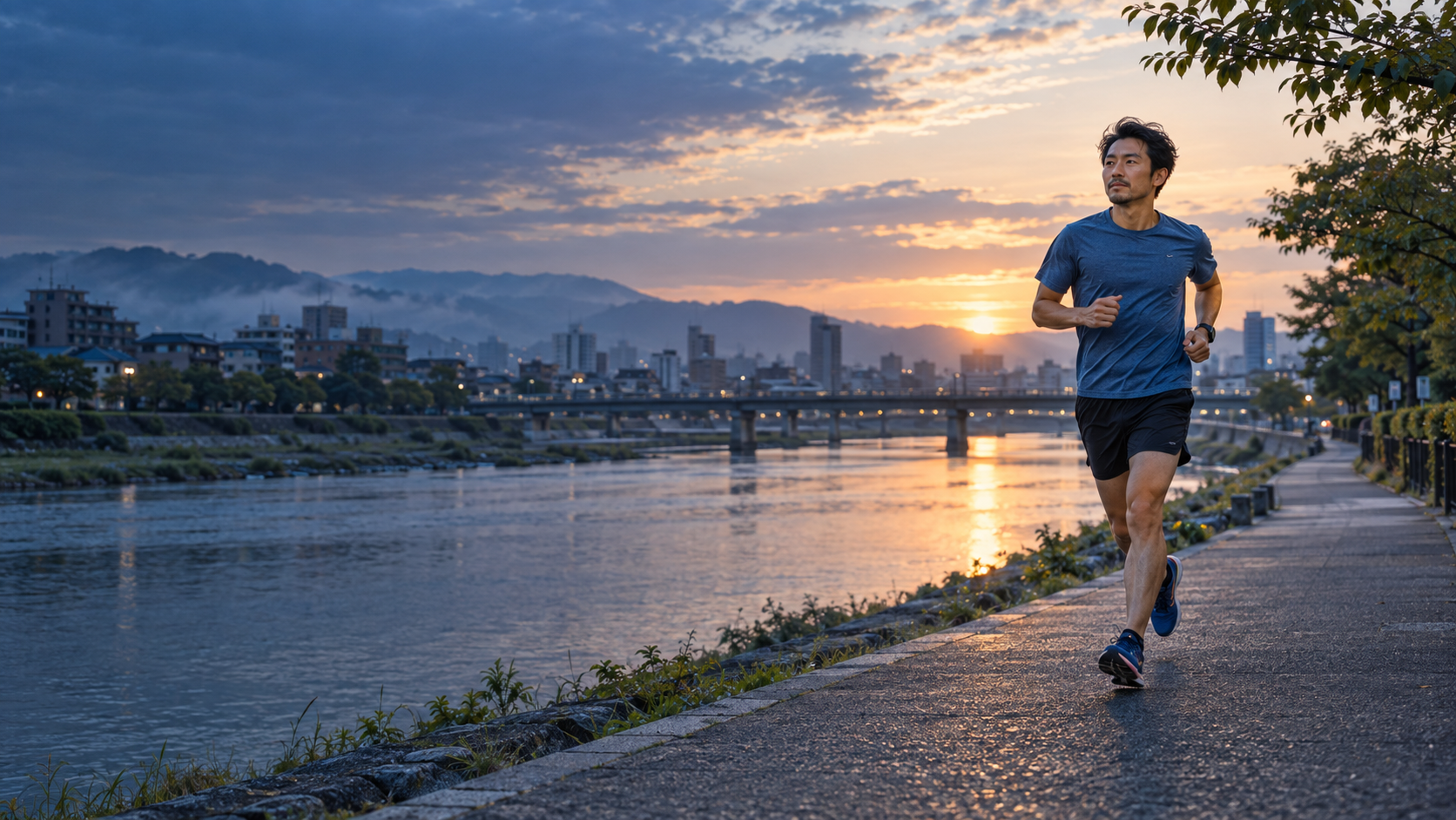 Runner on a riverside path in Japan at sunrise